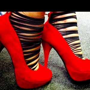 Red Suede Platform Stiletto Heels Size 6.5 Heel high Platform: 2” Elastic bands